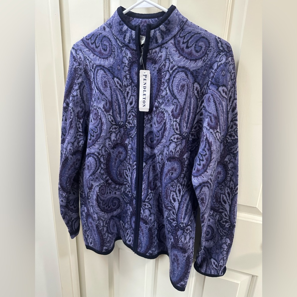Pendleton Women's purple Paisley zippered cardigan size Petite L, NWT